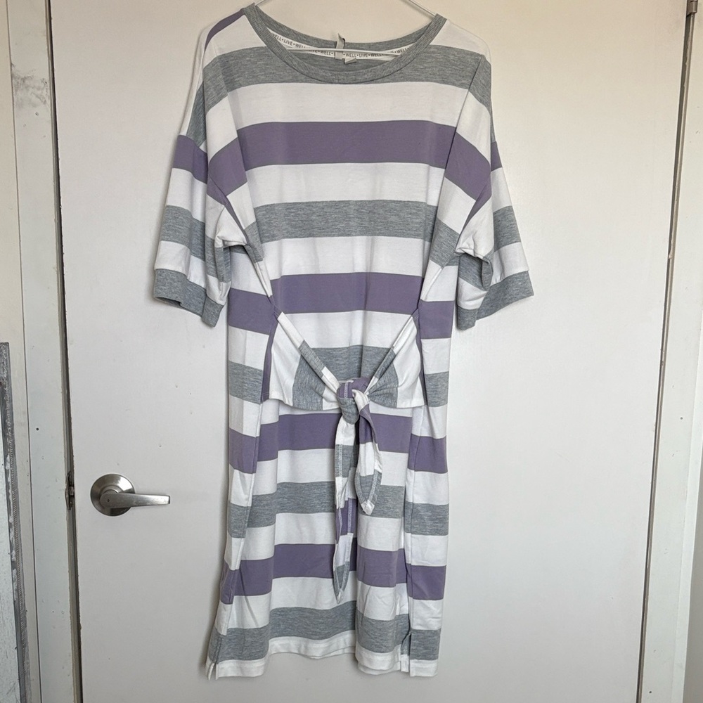 Striped Tie-Front Nightshirt — Gray, White & Lavender